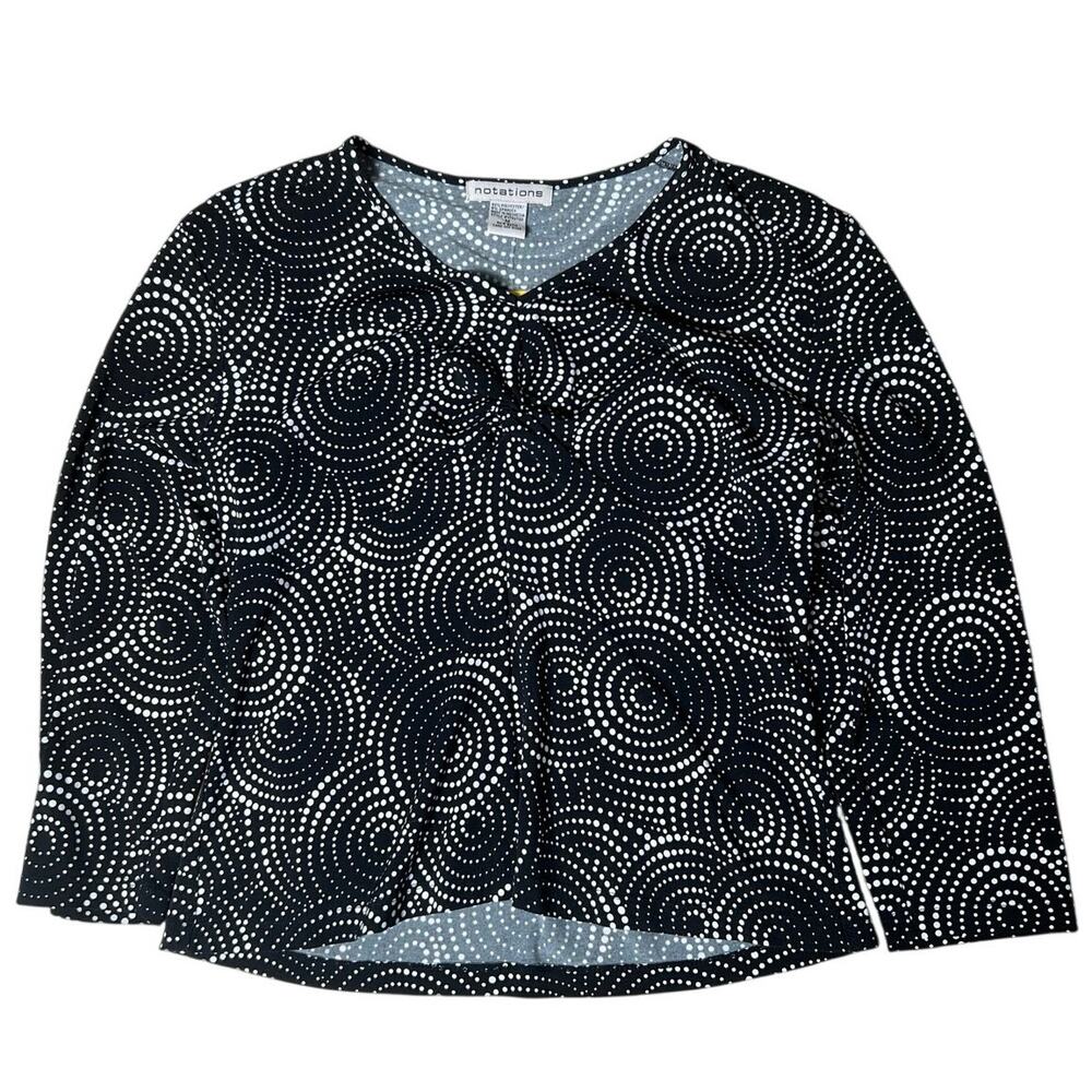 Notations Womens XL Top Black Long Sleeve Polka Dot White